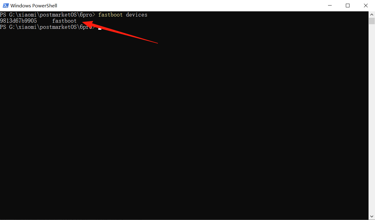 在终端输入 fastboot devices 成功显示设备序列号 fastboot 模式连接成功示例