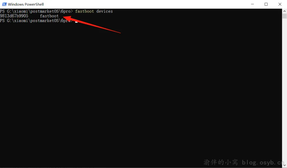 在终端输入 fastboot devices 成功显示设备序列号 fastboot 模式连接成功示例